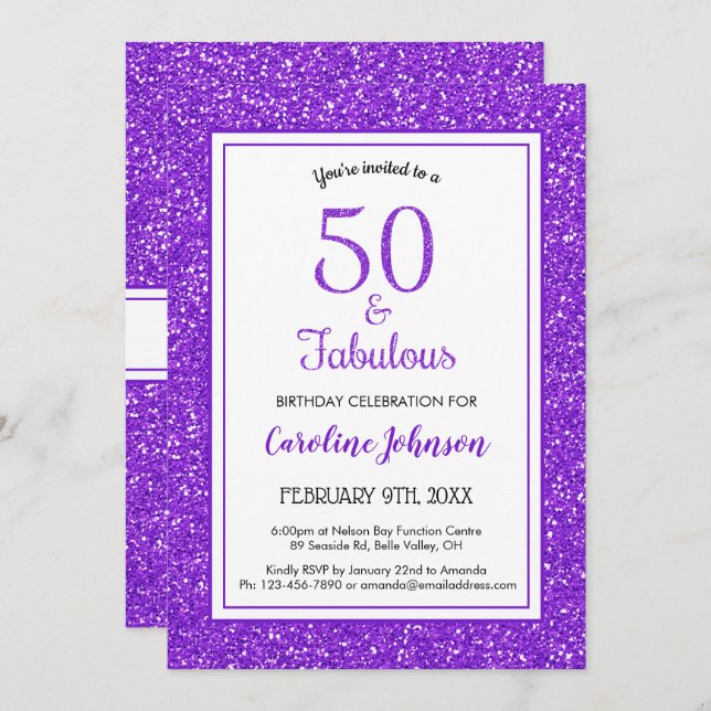 Invitation 50 & Fabuleux anniversaire Sparkly Purple Parties  (Devant / Derrière)