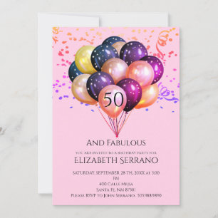 Invitation 50 Fabuleux Ballons métalliques Anniversaires rose