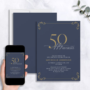 Invitation 50 & Fabuleux Blue & Gold Calligraphy Anniversaire