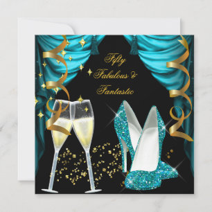 Invitation 50 Fabuleux et Fantastique Champagne d'Or Turquois