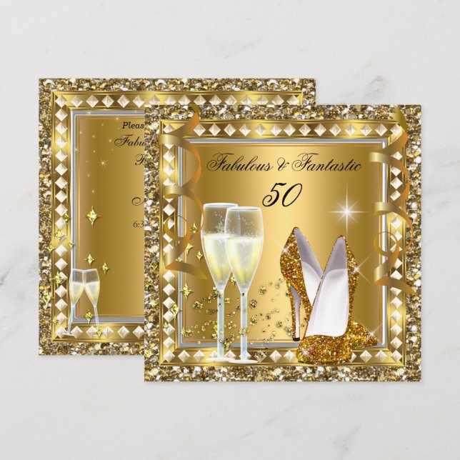 Invitation 50 Fabuleux et Fantastique Or Glam Argent Annivers (Devant / Derrière)