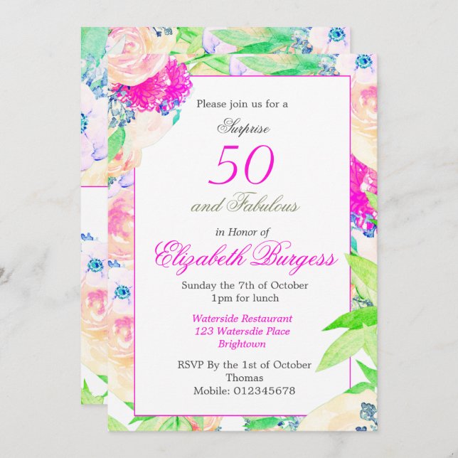 Invitation 50 Fabuleux Floral Rose rose chic Anniversaire (Devant / Derrière)