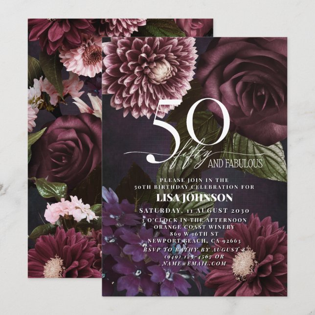 Invitation 50 & Fabuleux Moderne Dark Moody Bourgogne Floral (Devant / Derrière)