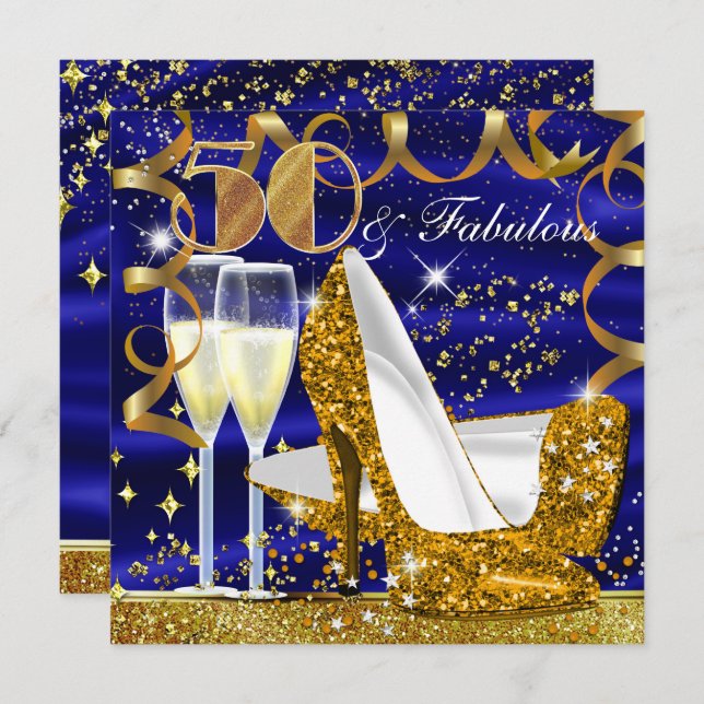 Invitation 50 Fabuleux Parties scintillant Blue Gold Invitati (Devant / Derrière)