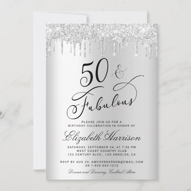 Invitation 50 Fabuleux Parties scintillant d'argent fête d'an (Devant)