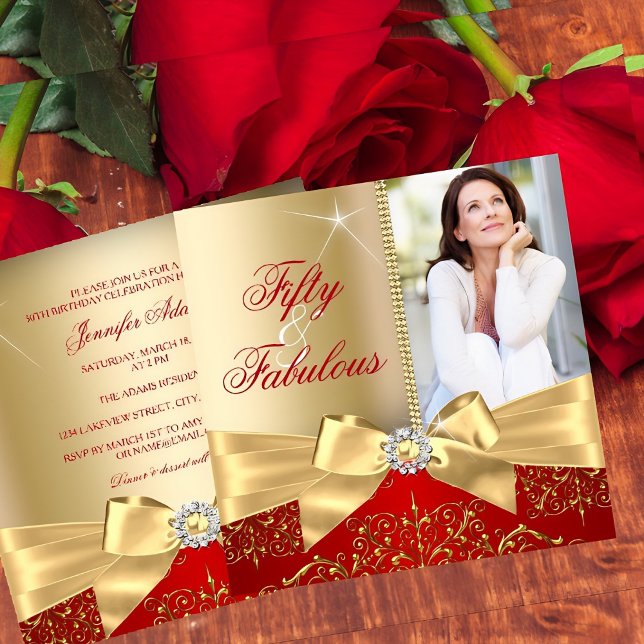 Invitation 50 & Fabuleux Photo Gold Red Bow 50e anniversaire (Créateur téléchargé)