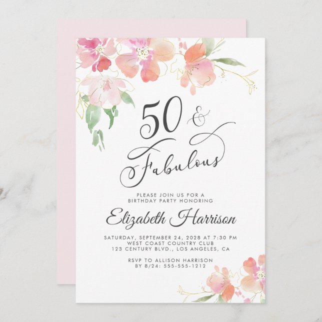 Invitation 50 Fabuleux Pink Floral Aquarelle fête d'anniversa (Devant / Derrière)