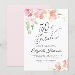 Invitation 50 Fabuleux Pink Floral Aquarelle fête d'anniversa