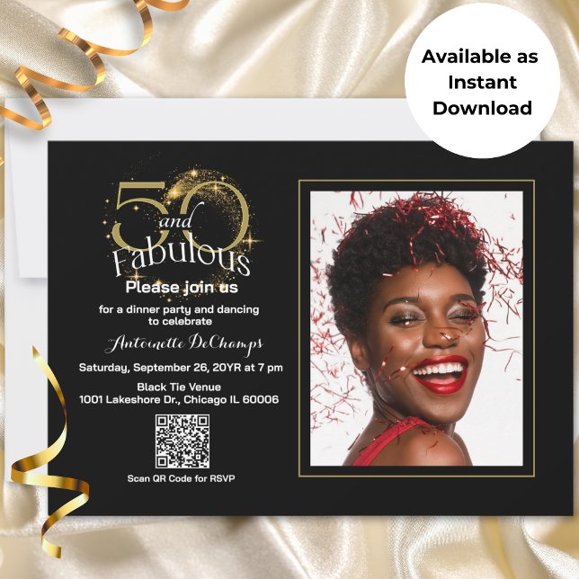 Invitation 50 & Fabuleux QR Code Black Gold Instant Télécharg (Two-sided 50 & Fabulous Elegant 1 Photo Personalizable Invitation for Mailing and Instant Download.)