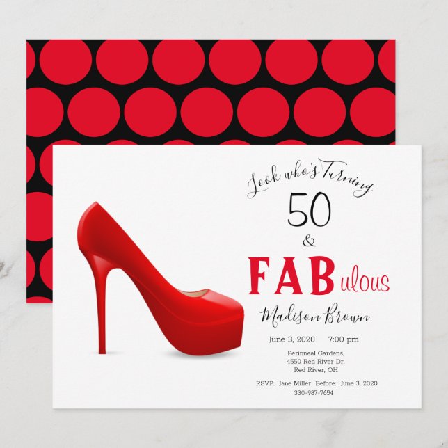 Invitation 50 & Fabuleux Red Black Girly Stilleto Anniversair (Devant / Derrière)