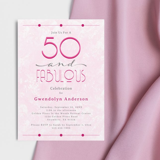 Invitation 50 & Fabuleux Retro Vintage rose Anniversaire (50 and Fabulous Pink Retro Vintage Typography Invitation. Celebration, Party, Birthday, 50th.)