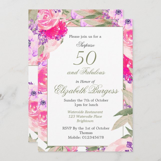 Invitation 50 Fabuleux Rose rose floral chic Anniversaire (Devant / Derrière)
