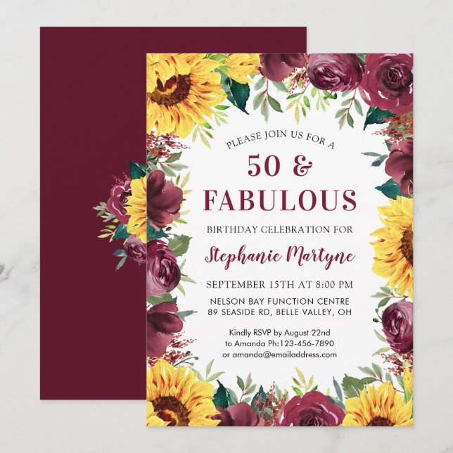 Invitation 50 & Fabuleux Sunflower Bourgogne Rose Anniversair (Devant / Derrière)