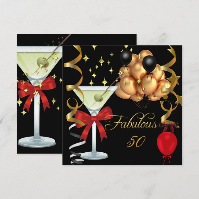 Invitation 50 Fabulosité Rouge Or Noir Martini Fête d'Anniver (Devant / Derrière)