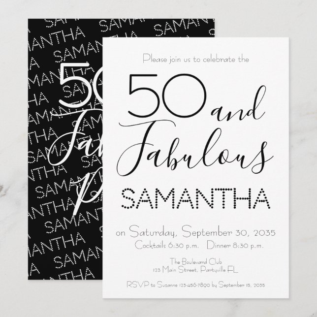 Invitation 50 & Fabulous 50th Birthday Party Black Elegant (Devant / Derrière)