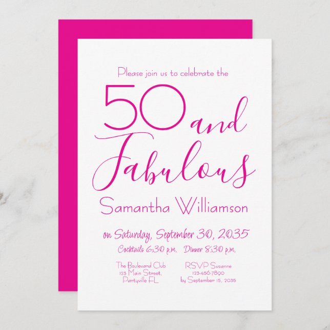 Invitation 50 & Fabulous 50th Birthday Party Pink Elegant (Devant / Derrière)