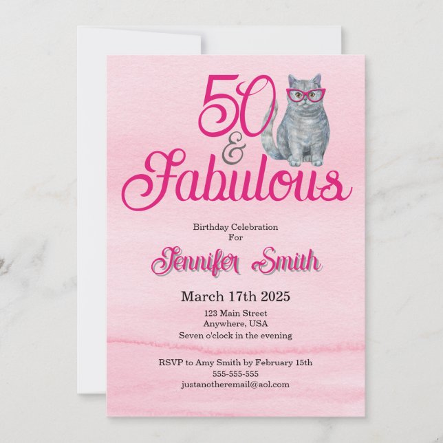 Invitation 50 & Fabulous Chat, rose et gris, 50e anniversaire (Devant)