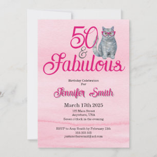 Invitation 50 & Fabulous Chat, rose et gris, 50e anniversaire