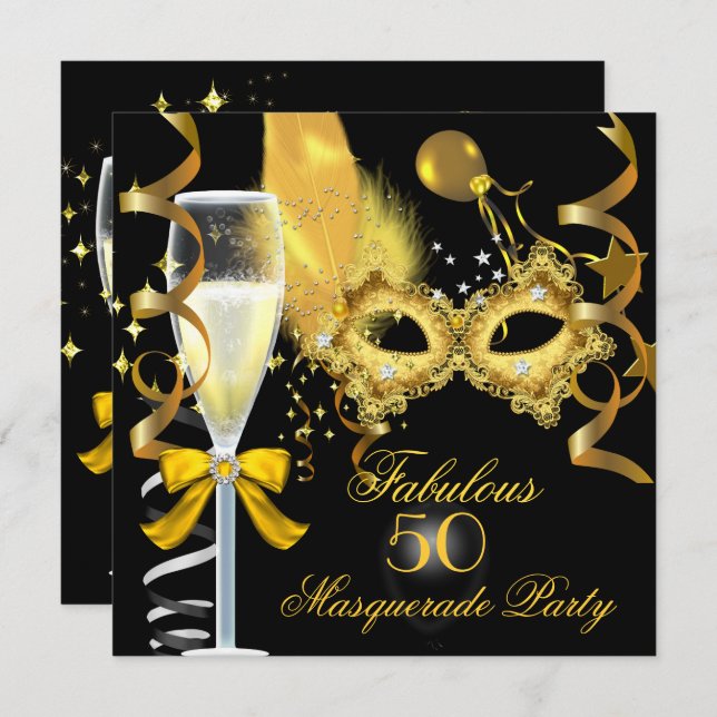Invitation 50 & Fabulous Gold Black Masquerade Party (Devant / Derrière)