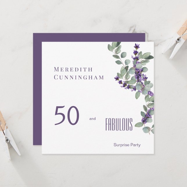Invitation 50 & Fabulous Lavender Surprise fête d'anniversair (Devant/Arrière en situation)