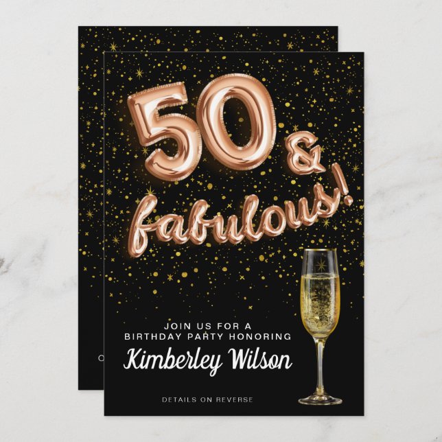 Invitation 50 & Fabulous Parties scintillant Black Rose Gold  (Devant / Derrière)