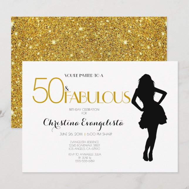 Invitation 50 & Fabulous Parties scintillant d'or avec Silhou (Devant / Derrière)