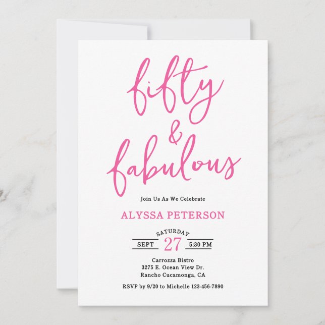 Invitation 50 & Fabulous Pink Modern Script 50th Birthday  (Devant)