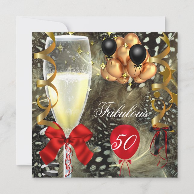 Invitation 50 & Fabulous Red Gold Black fête d'anniversaire (Devant)