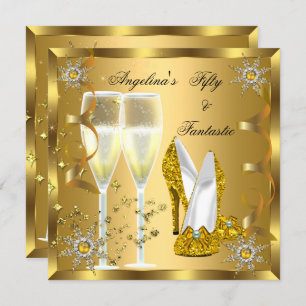 Invitation 50 & Fantastic Champagne Heels Gold Snowflakes