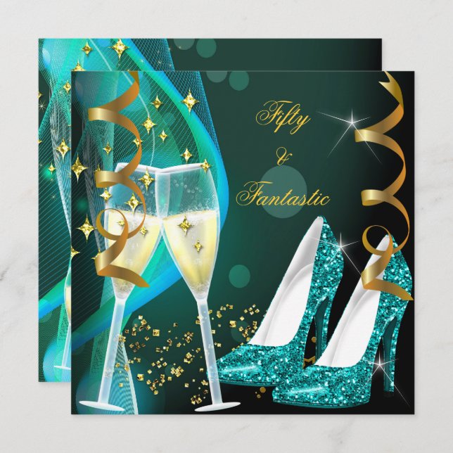 Invitation 50 & Fantastic Fabulous Gold Turquoise Parties sci (Devant / Derrière)