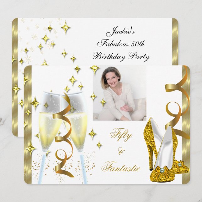 Invitation 50 & Fantastique Élégant Champagne Talons Dorés Ph (Devant / Derrière)