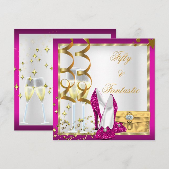 Invitation 50 & Fantastique Fête d'anniversaire Rose Chaude B (Devant / Derrière)