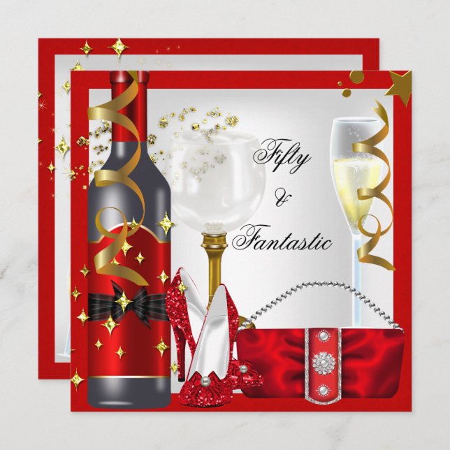 Invitation 50 & Fantastique Red White Gold fête d'anniversair (Devant / Derrière)