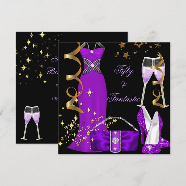 Invitation 50 Fantastique robe violette Noir Or Anniversaire (Devant / Derrière)
