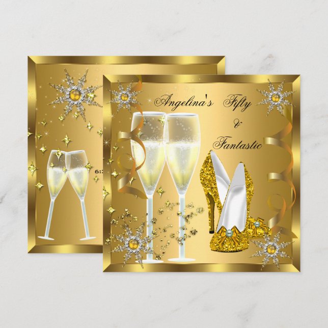 Invitation 50 & Fantastiques Talons Champagne Or Flocons de N (Devant / Derrière)