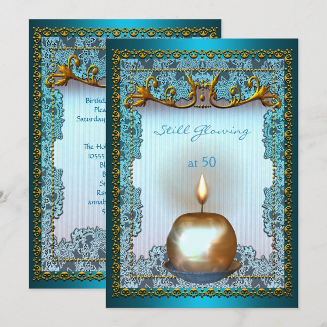 Invitation 50 luisant encore Anniversaire Turquoise or bougie (Devant / Derrière)