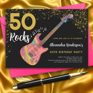 Invitation 50 Rocks 50e fête d'anniversaire Pink Black Gold