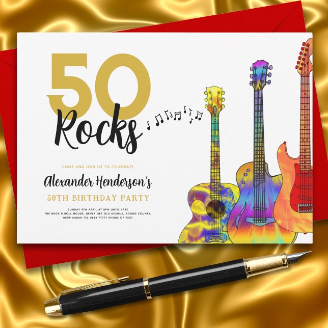 Invitation 50 Rocks Guitare Cool 50e fête d'anniversaire (Rock and roll 50th birthday party invitation cool colorful guitar 50 rocks black and gold)