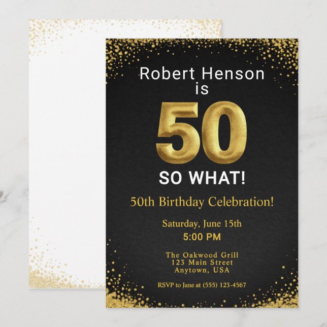 Invitation 50 So What Black Gold 50th Birthday (Devant / Derrière)