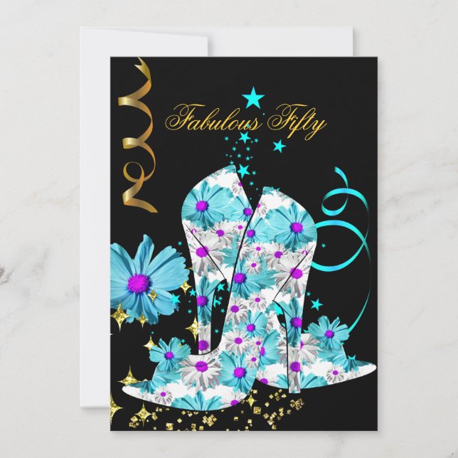 Invitation 50 Turquoise Floral Black Gold fête d'anniversaire (Devant)