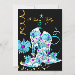 Invitation 50 Turquoise Floral Black Gold fête d'anniversaire