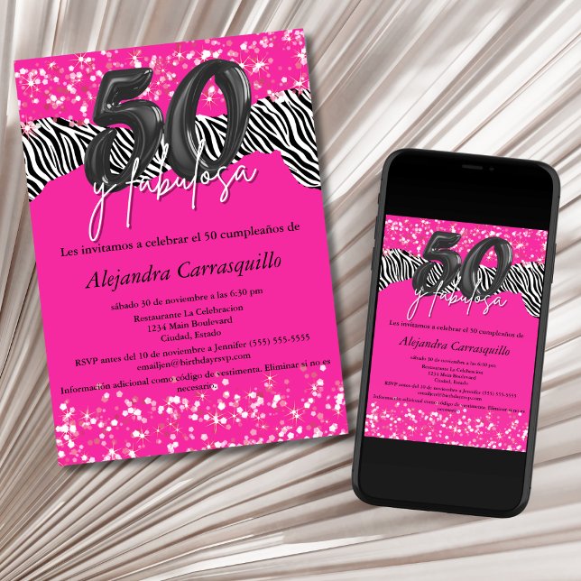 Invitation 50 y Fabulosa Hot Pink Zebra espagnol 50e annivers (Créateur téléchargé)