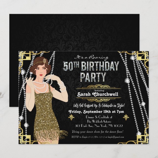 Invitation 50e anniversaire 1920s Gatsby Flapper Girl Birthda (Devant / Derrière)