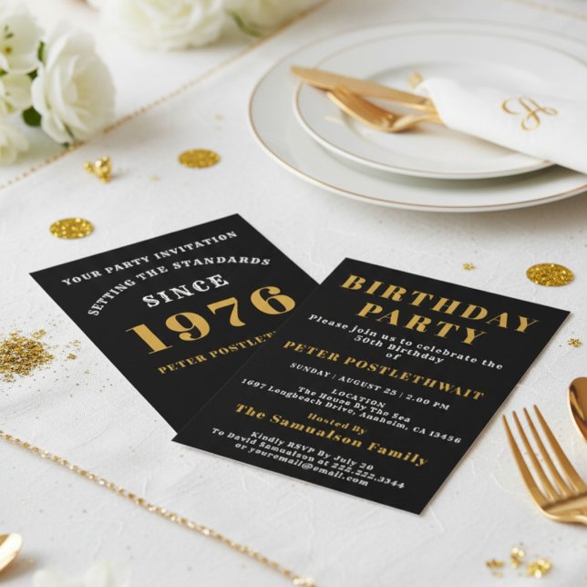 Invitation 50e anniversaire 1976 Black Gold personnalisé pour (1976 invitation. White background.)