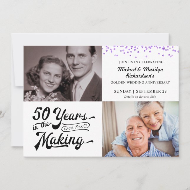 Invitation 50e Anniversaire 2 Photos Confettis Violets (Devant)