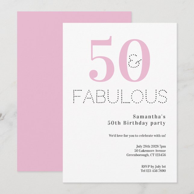 Invitation 50e anniversaire 50 et Fabulous Pink Party (Devant / Derrière)