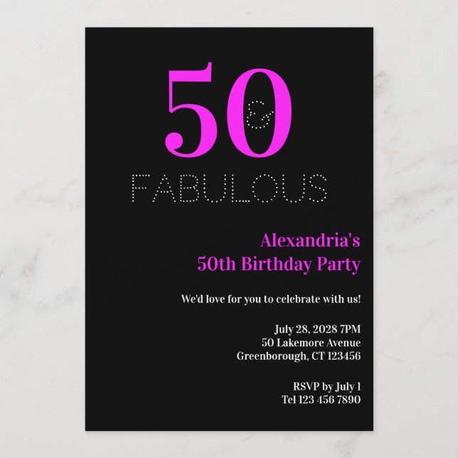 Invitation 50e anniversaire 50 fête rose néon noir fabuleuse (Devant)