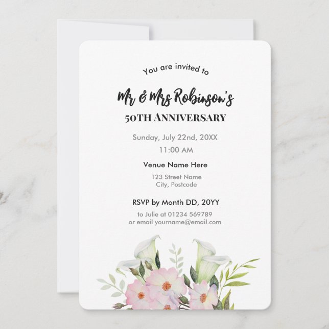 Invitation 50e Anniversaire Aquarelle Blanc Calla Lily Rose (Devant)