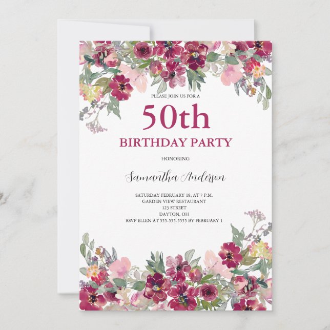Invitation 50e anniversaire aquarelle Floral (Devant)