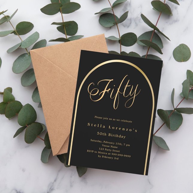 Invitation 50e anniversaire arc en or noir élégant script (Créateur téléchargé)